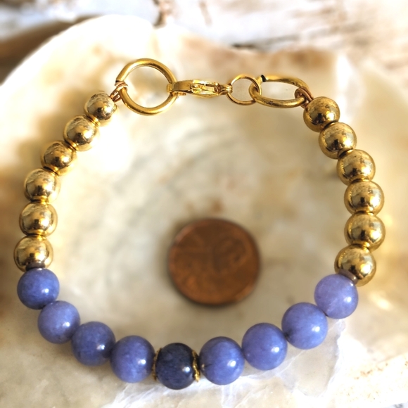 Natural Lavender Purple Jade & Gold Balls In Half And Half Beaded Bracelet - Picture 5 of 5